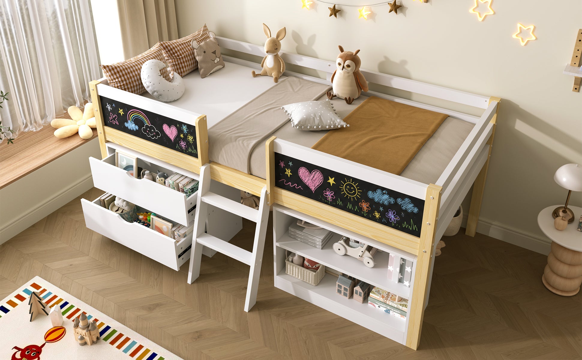 3ft Single Low Loft Bed with Blackboard, Modern Wood Bed Frame with Drawers and Storage Shelves, Under-bed Space, Modern Bed with Safety Guardrail, Saving-space Design, White (No Mattress)