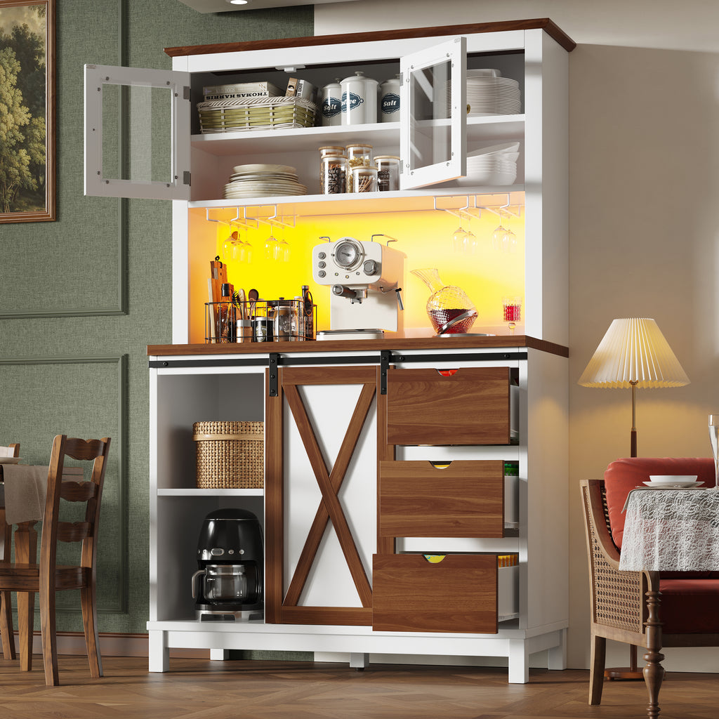 Modern tall cabinet with LED lighting & app control, kitchen cabinet or dining room cabinet with drawer, sideboard with sliding door and three drawers,White