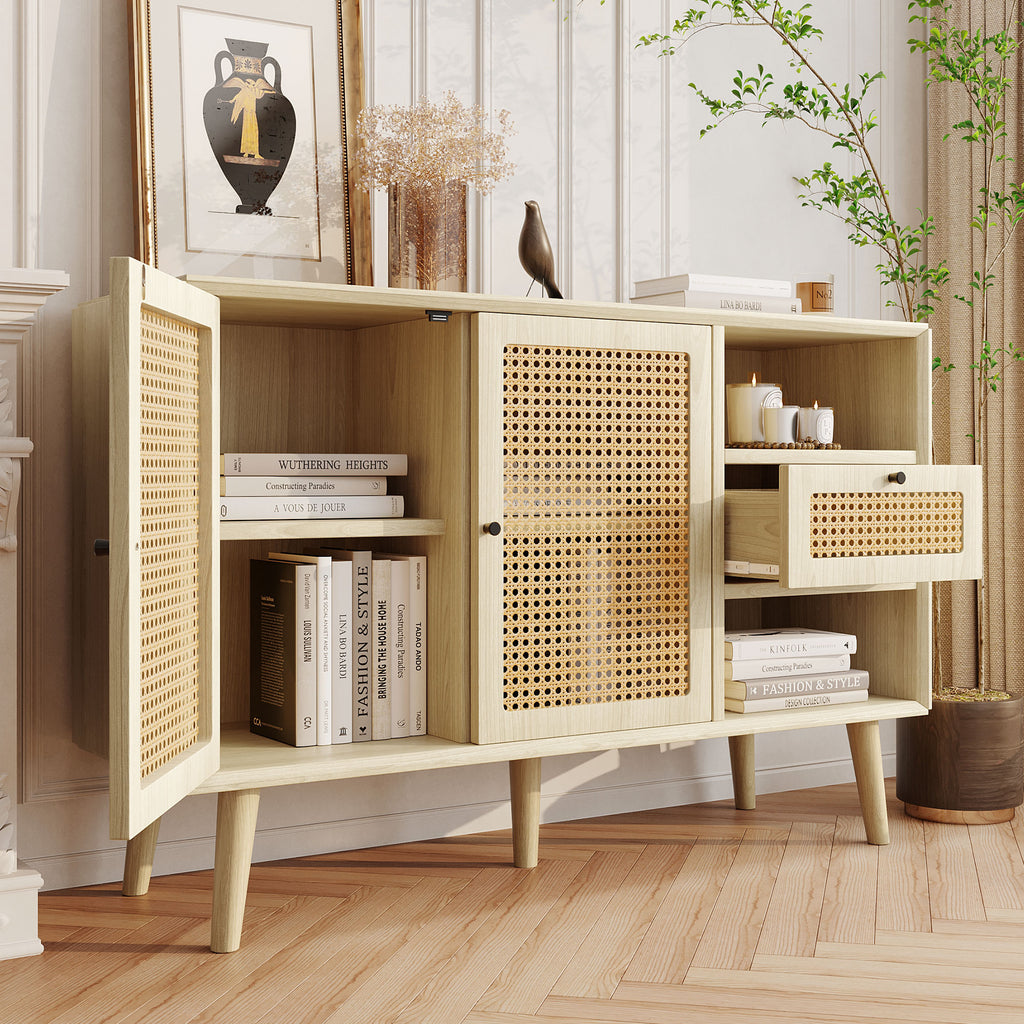 Modern simple sideboard 120*40*80cm, light-colored wooden woven door design, with drawers and unique legs, creating a warm and comfortable home atmosphere