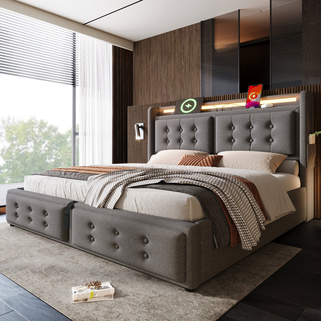 Upholstered King Bed, 5FT Hydraulic Bed with LED Lighting, USB Type-C Charging, Headboard for Cellphones & Tablets, 150 x 200 cm, Linen, Grey (No Mattress)