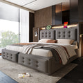 Upholstered King Bed, 5FT Hydraulic Bed with LED Lighting, USB Type-C Charging, Headboard for Cellphones & Tablets, 150 x 200 cm, Linen, Grey (No Mattress)