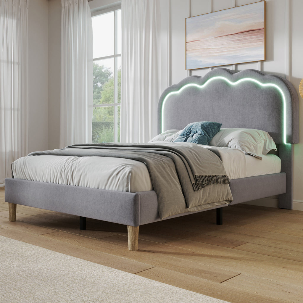 Upholstered Bed, 3ft 90x190cm Single Bed with LED, Bed Frame with Wooden Slats and Adjustable Height Headboard, Teen Bed for Bedroom and Guest Room, Grey, Linen Material, Without Mattress.