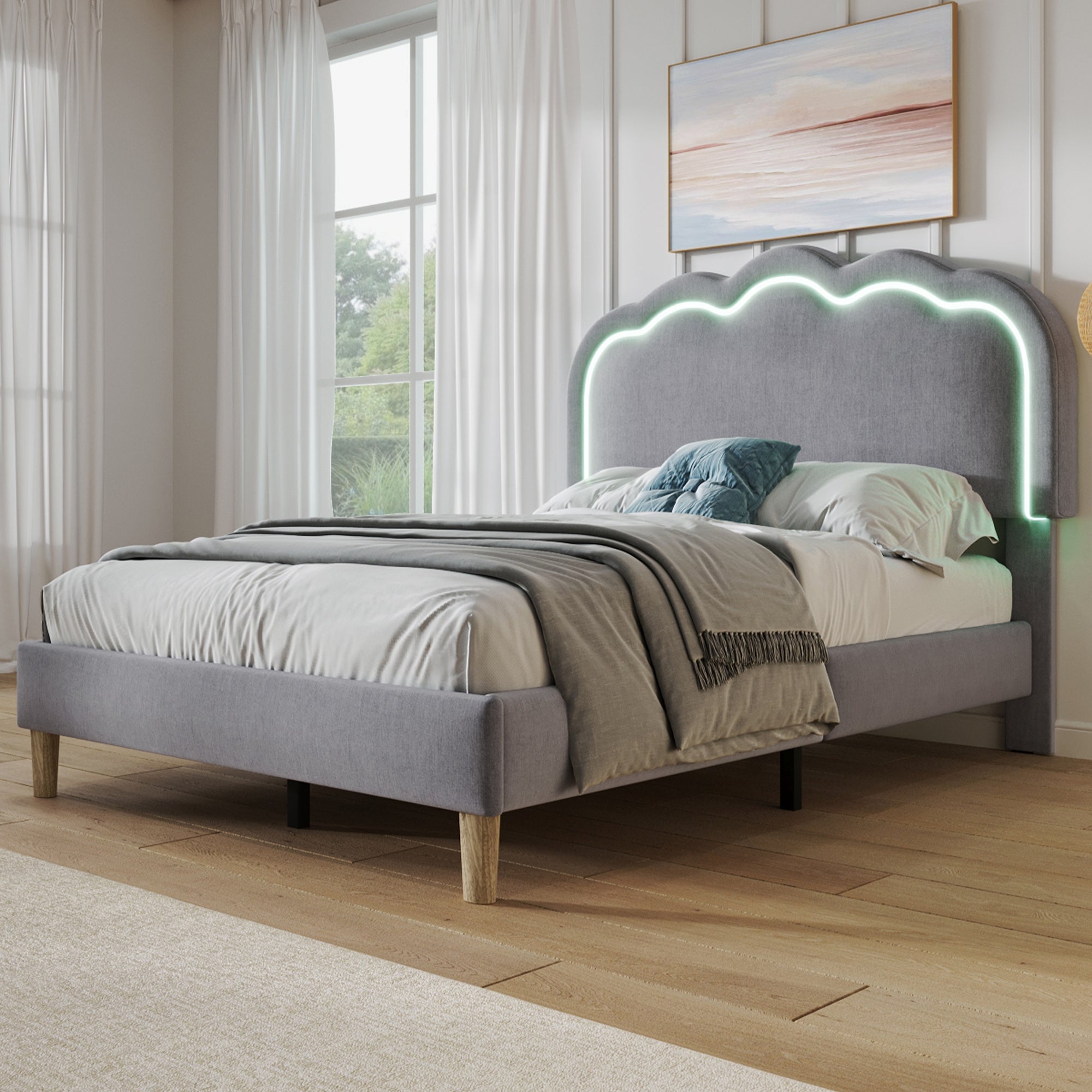 Upholstered Bed, 3ft 90x190cm Single Bed with LED, Bed Frame with Wooden Slats and Adjustable Height Headboard, Teen Bed for Bedroom and Guest Room, Grey, Linen Material, Without Mattress.