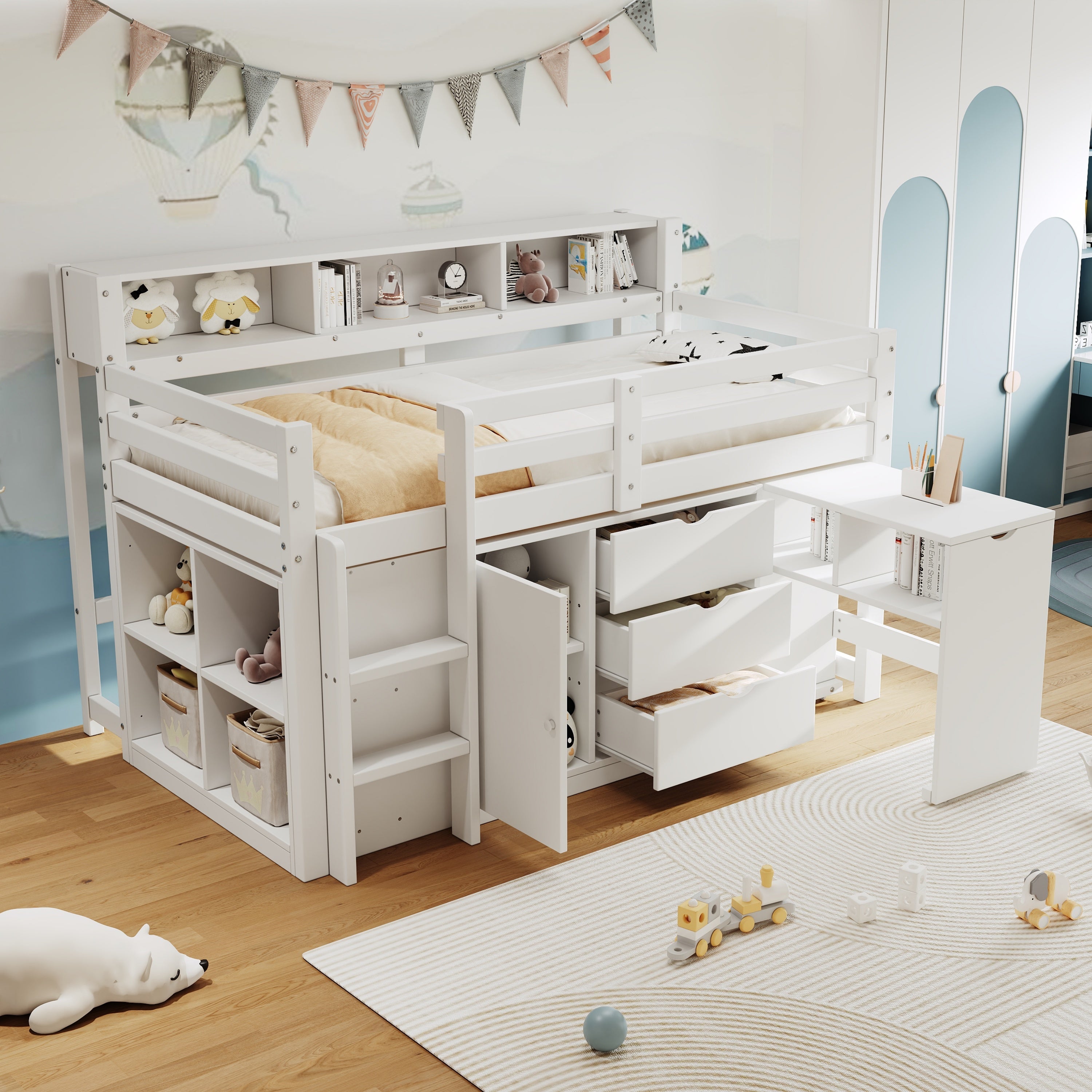 3ft Single Wooden Storage Bed with Pull-out Desk, Modern Wood Bed with Three Drawers, Storage Cabinet & Headboard Shelves, Space-saving Design with Storage Compartment, White (No Mattress)