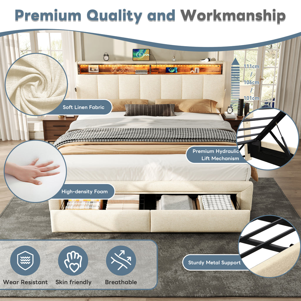 5ft King Upholstered Bed Frame with Hydraulic and Drawers Storage, LED Adjustable Headboard with Charging Station and Concealed Headboard Storage, Linen, No Box Spring Needed, Beige (No Mattress)