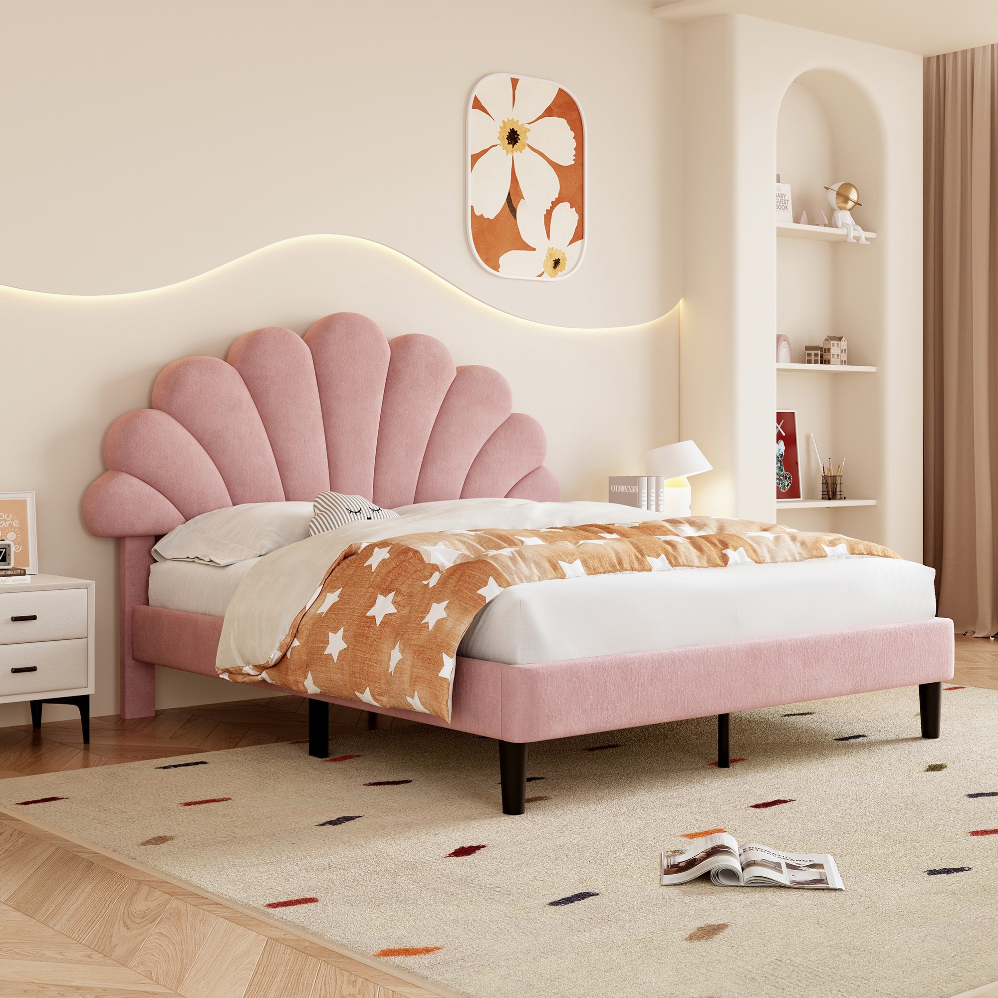 4ft6 Double Upholstered Velvet Bed Frame, with Adjustable Chic Petal Headboard, Velvet Platform Bed Frame with Solid Wood Slat, No Box Spring Needed, Easy Assembly, Pink