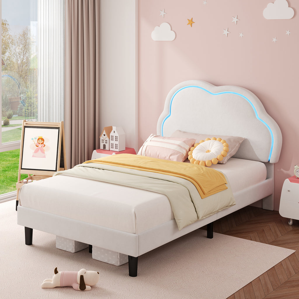 3ft Single Upholstered Bed with LED Adjustable Cute Cloud Headboard, Soft Velvet Bed Frame with Solid Wood Slat, No Box Spring Needed, Easy Assembly, Cream White (No Mattress)