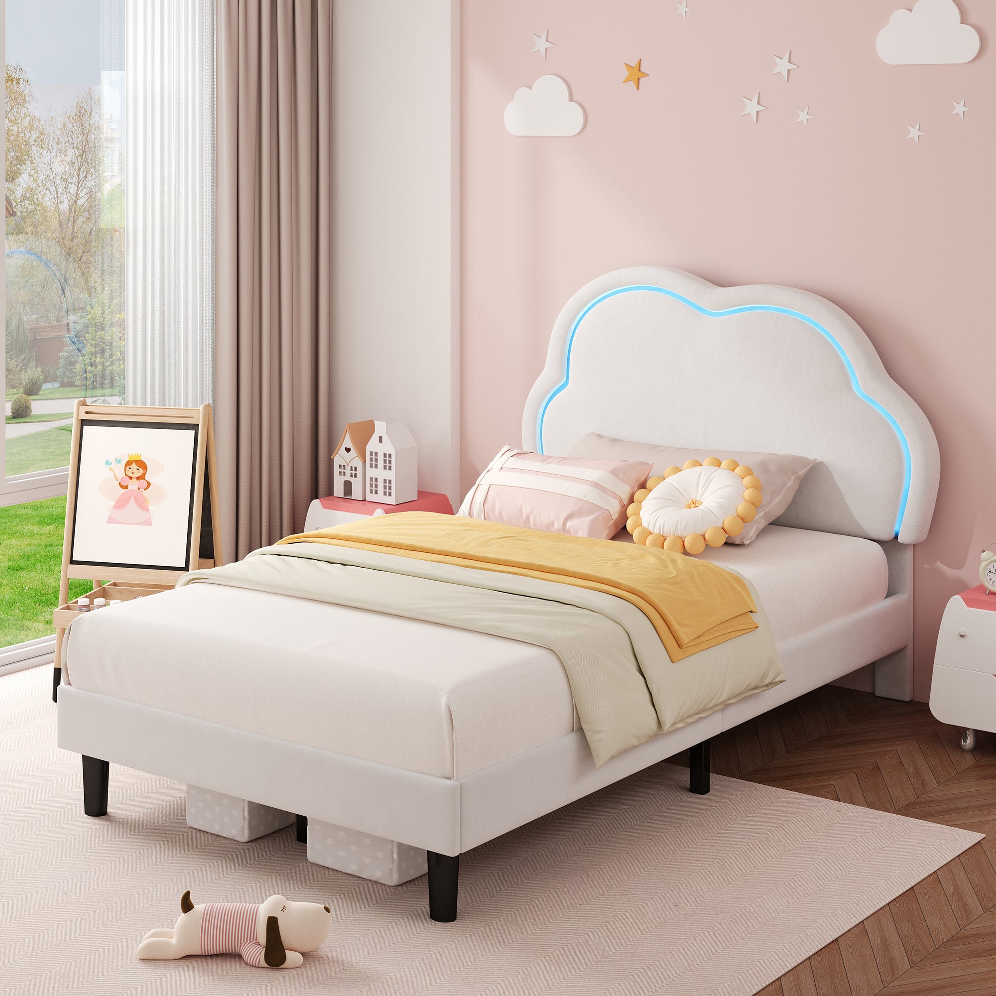 3ft Single Upholstered Bed with LED Adjustable Cute Cloud Headboard, Soft Velvet Bed Frame with Solid Wood Slat, No Box Spring Needed, Easy Assembly, Cream White (No Mattress)