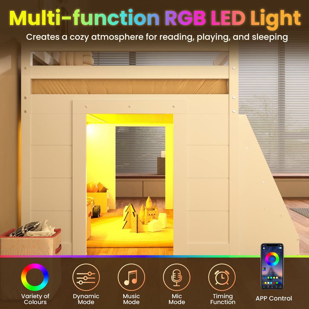 3ft Single Low Loft Bed with LED Light, Wooden Bed Frame with Stairs, Bookcase, Storage Shelf and Under-bed Play Space, Modern Bed with Safety Guardrail, Saving-space Design, White (No Mattress)