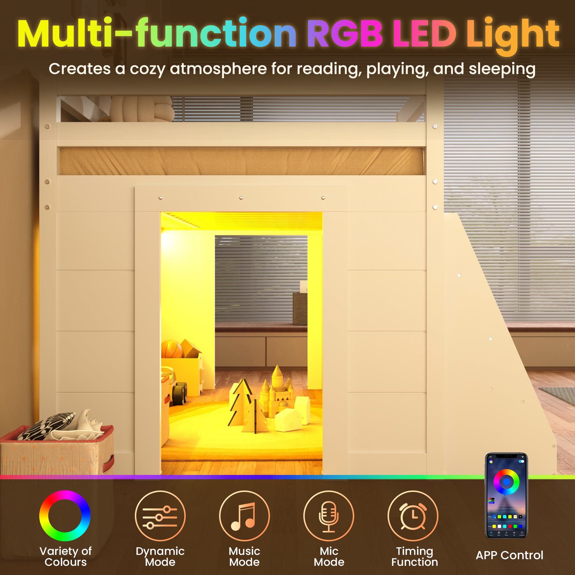 3ft Single Low Loft Bed with LED Light, Wooden Bed Frame with Stairs, Bookcase, Storage Shelf and Under-bed Play Space, Modern Bed with Safety Guardrail, Saving-space Design, White (No Mattress)