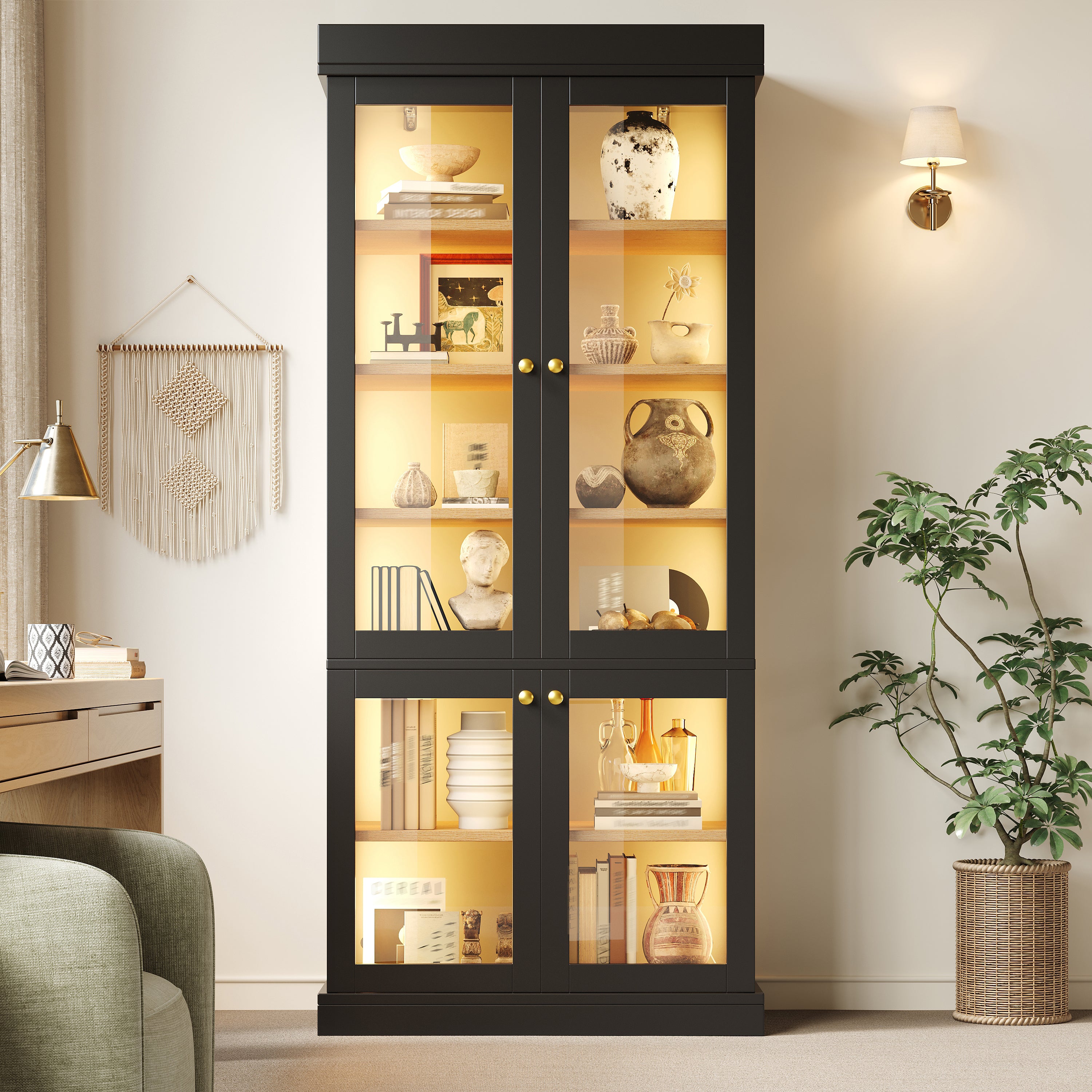 Modern freestanding cabinet with integrated LED mood lighting, glass display case, well-designed interior layout and anti-tip protection; stable, safe and versatile for home use; black
