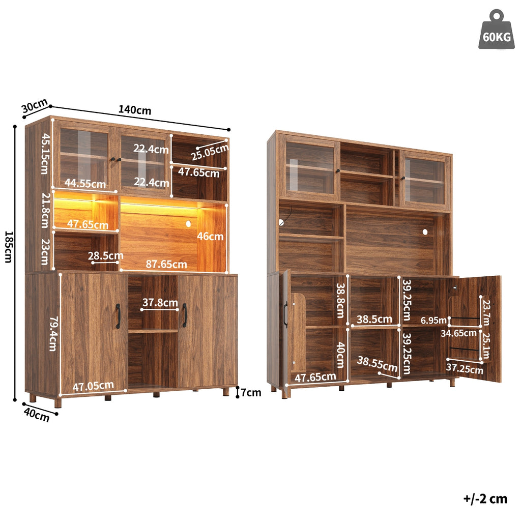 Tall cabinets for the living room, kitchen cabinet, dining room cabinet, cabinets with LED lighting, cabinet door with snack shelf, retro style, walnut color