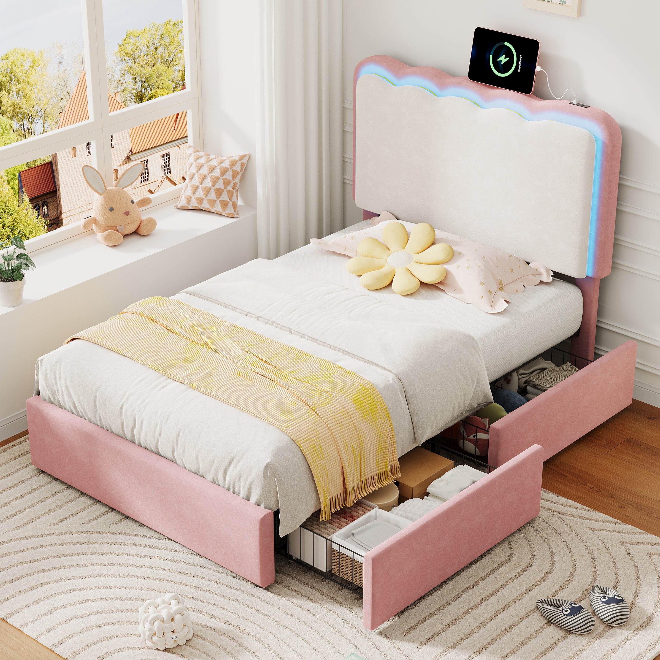 3ft Single Upholstered Bed with Adjustable LED Wavy Headboard, Soft Velvet Bed Frame with 2 Storage Drawers, Bed Frame with Solid Wood Slat, Easy Assembly, Pink+Cream White (No Mattress)