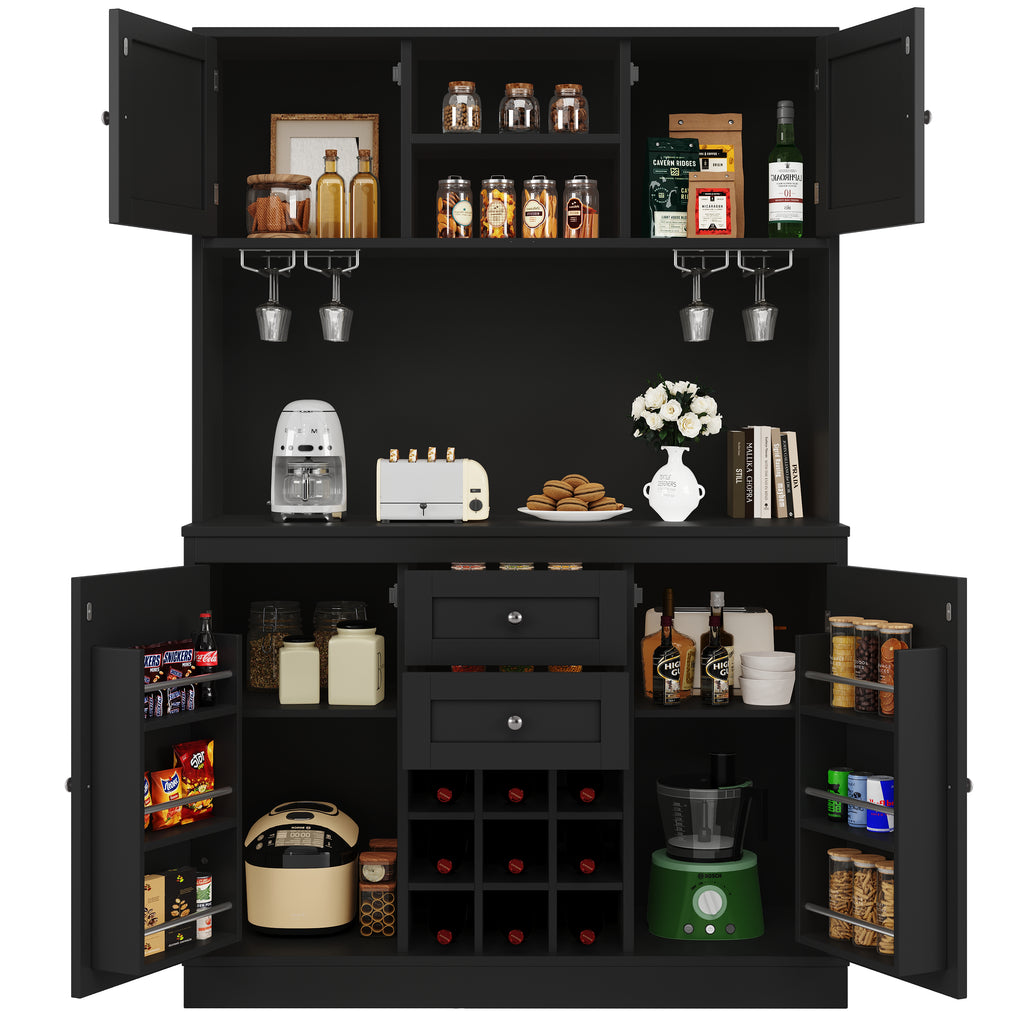 Kitchen Cabinet with Adjustable Shelves & Wine Rack, Tall Kitchen Cabinet with 4 Doors & 2 Drawers, Sideboard for Kitchen & Living Room, Buffet Cabinet, White/Balck