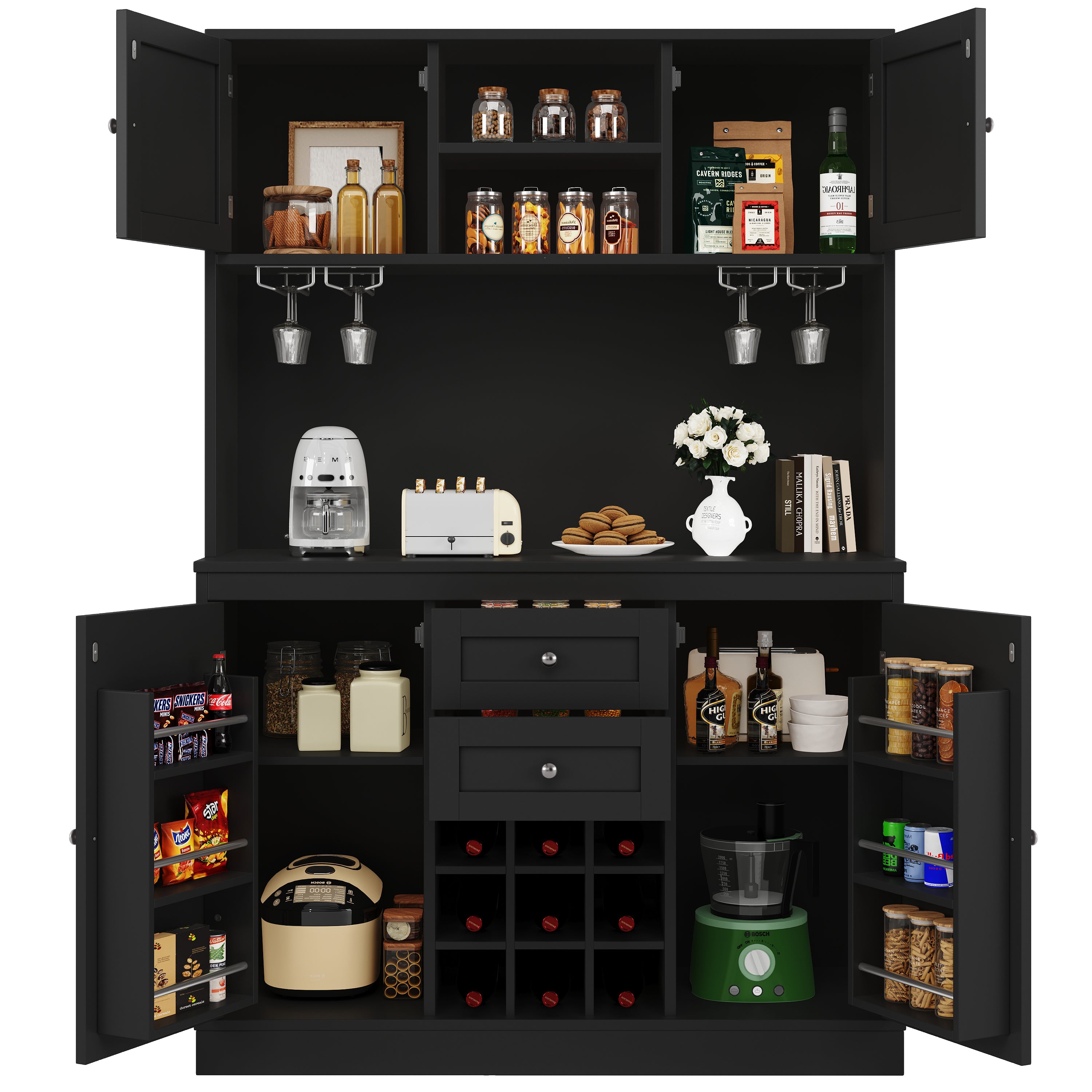 Kitchen Cabinet with Adjustable Shelves & Wine Rack, Tall Kitchen Cabinet with 4 Doors & 2 Drawers, Sideboard for Kitchen & Living Room, Buffet Cabinet, White/Balck