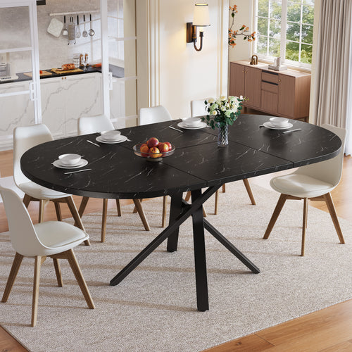 Round extendable table with marble look - 100 cm (extendable to 140 cm) x 75.5 cm high - With sturdy X-shaped metal frame in black - Ideal as a kitchen table or breakfast table