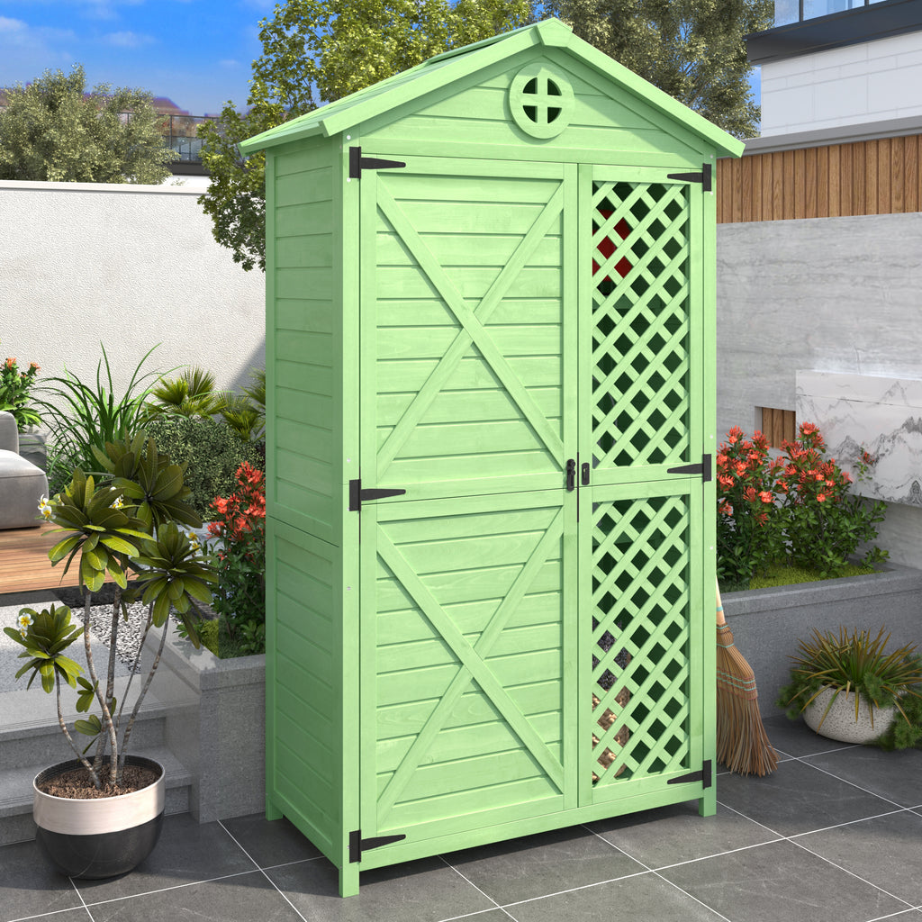 Outdoor Wood Garden Furniture Storage Shed, Tool House with Ventilation Slots for Backyard, Patio, Fade Free, All Weather Resistant, Safe and Secure, Zero Maintenance, Green