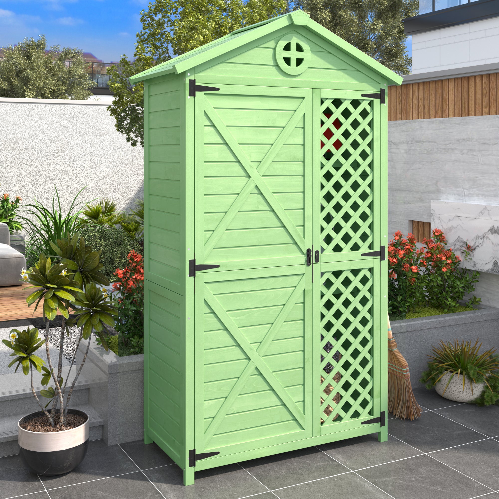 Outdoor Wood Garden Furniture Storage Shed, Tool House with Ventilation Slots for Backyard, Patio, Fade Free, All Weather Resistant, Safe and Secure, Zero Maintenance, Green