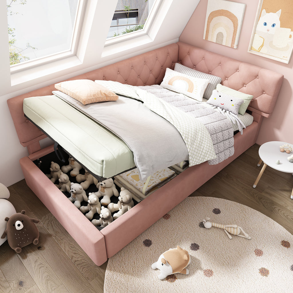 Daybed Upholstered Bed with Storage, 3FT Single Sofa Bed 90 x 190 cm, Ottoman Bed with Hydraulic Storage, Metal Slatted Bed Frame, Velvet, Pink (No Mattress)