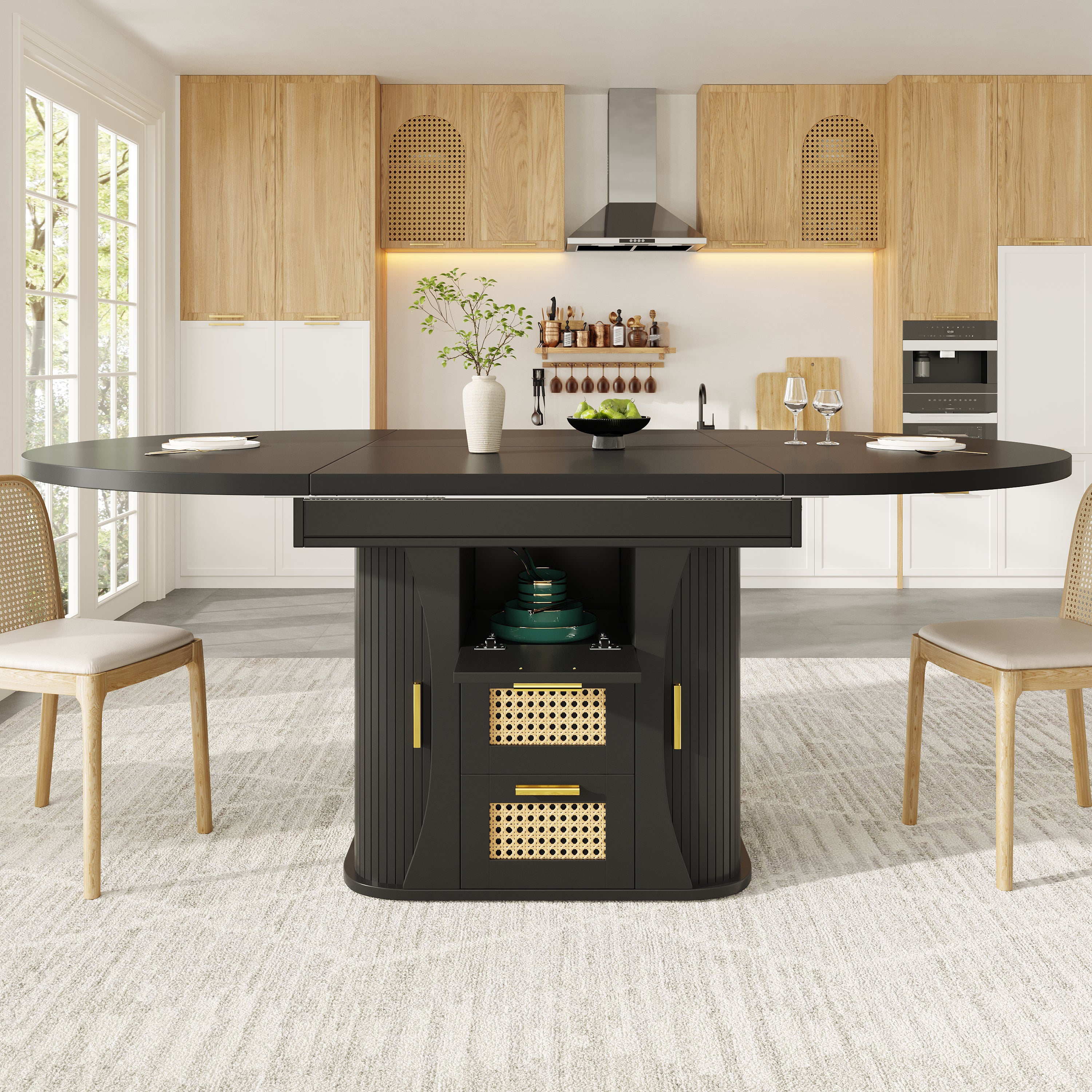 Extendable dining table with storage, 118–158cm table with rattan drawers, MDF wood look, black / natural wood / oak look