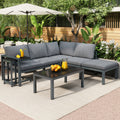Outdoor garden terrace lounge sofa set, garden furniture for 4-5 people with side table and coffee table, corner sofa, all-weather lounge furniture, grey, all cushions included