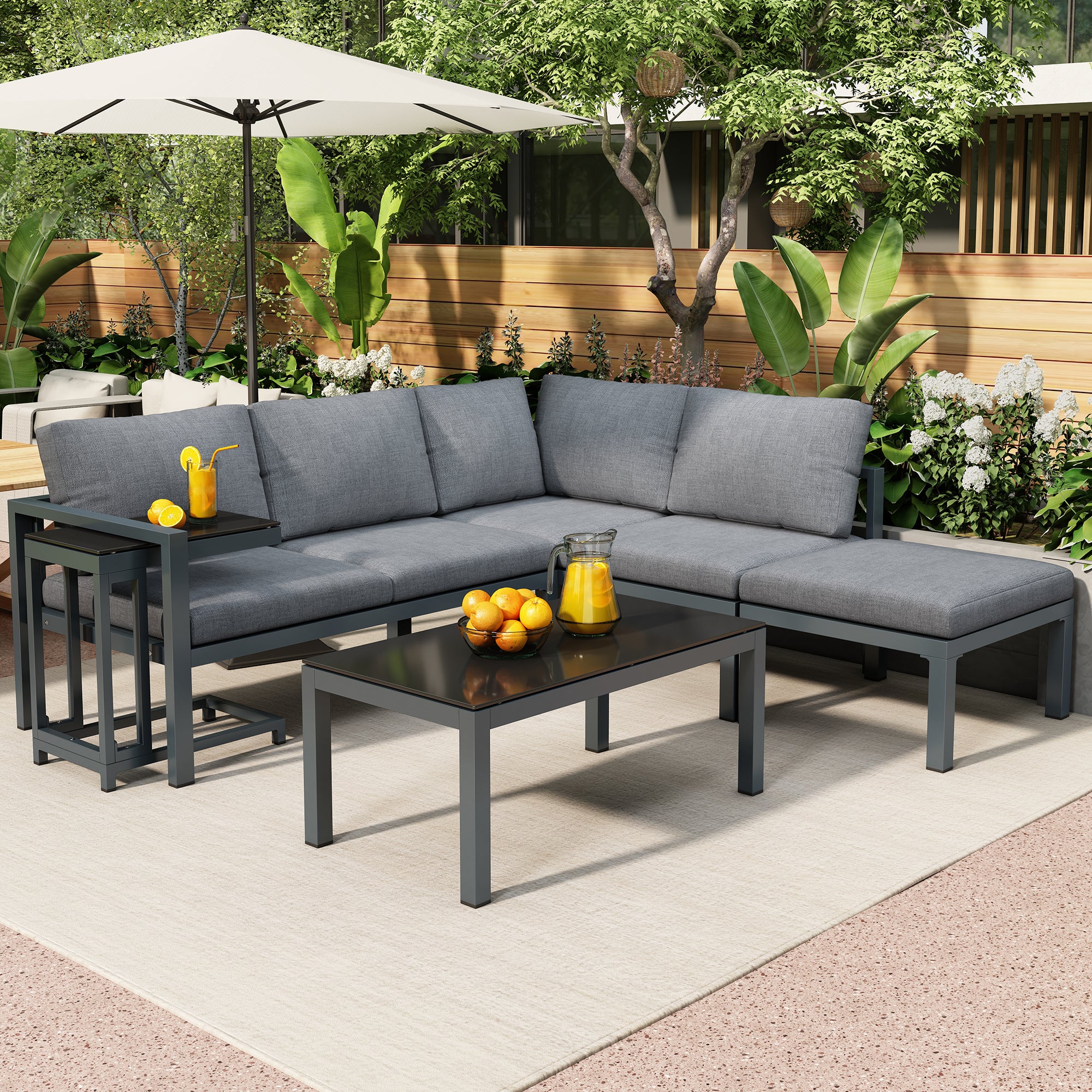 Outdoor garden terrace lounge sofa set, garden furniture for 4-5 people with side table and coffee table, corner sofa, all-weather lounge furniture, grey, all cushions included