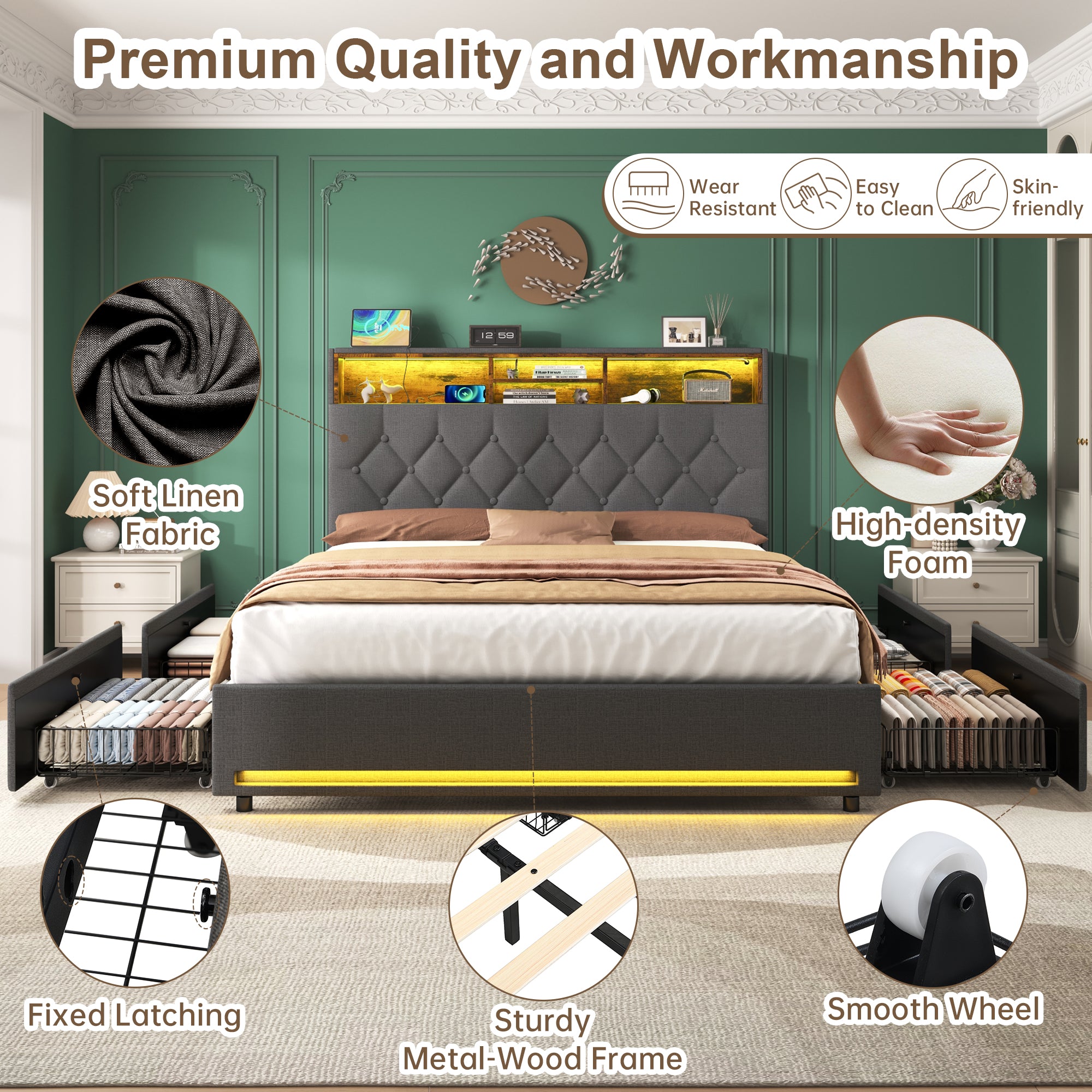 Double Bed with 4 Storage Drawers, Bed Frame with Concealed Headboard Storage, Button Tufted Headboard with RGB LED Lighting and Charging Station, Linen, Grey(No Mattress)