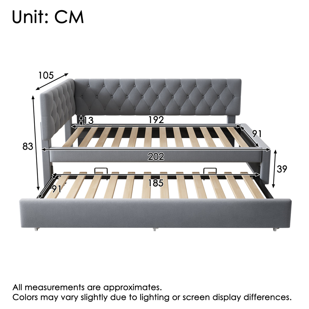 Upholstered Bed Daybed with Pull-Out Bed, 3FT Single Sofa Bed 90 x 190 cm, Ottoman Bed Trundle Beds for Adults and Kids, Bed with Slatted Frame, Velvet, Grey (No Mattress)