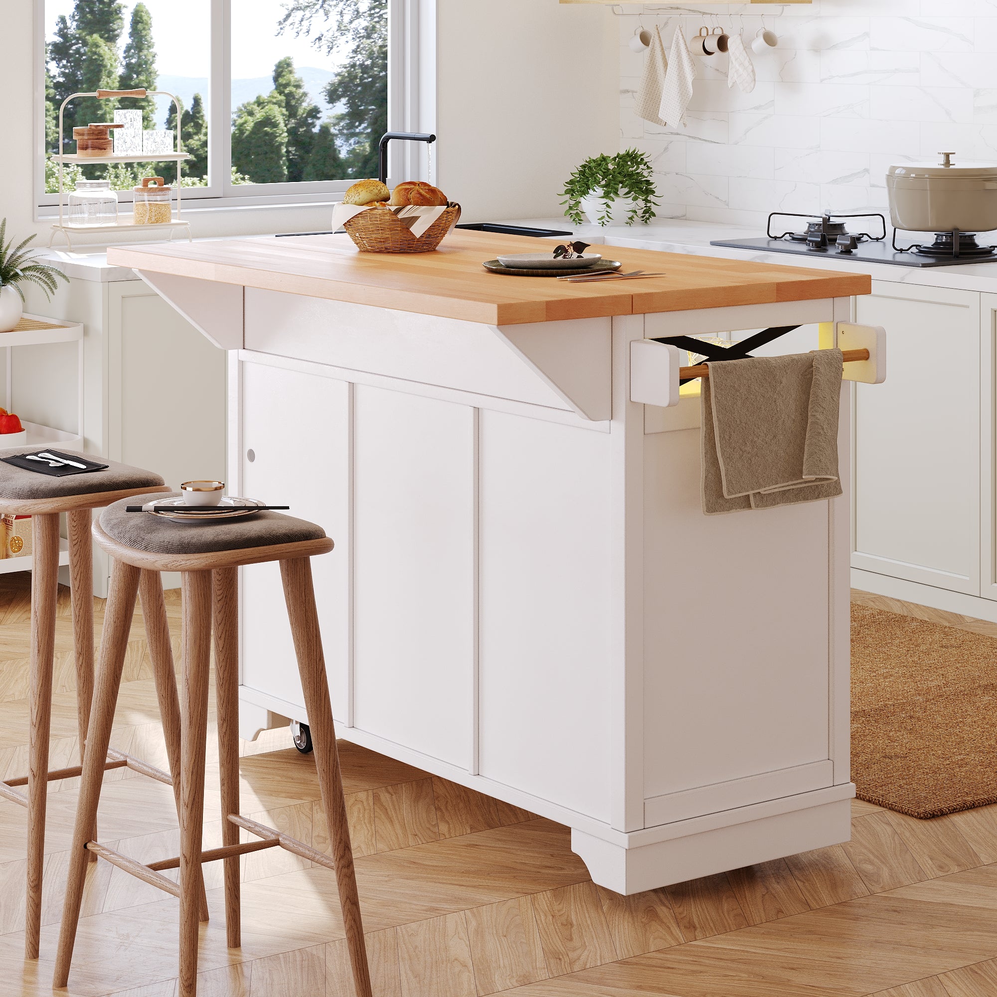 Multifunctional Mobile Kitchen Island Cart - with App-Controlled LED, Drop-Leaf Table, 3 Drawers & 2 Doors, Bar Sideboard with Storage