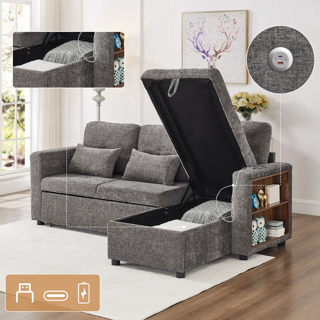 3-in-1 Convertible Chenille Sectional Sofa Bed with Convertible Storage Chaise, L-Shaped Sleeper Sofa with Integrated Charging Station and Adjustable Armrest Side Storage, USB & Type-C Ports, Grey