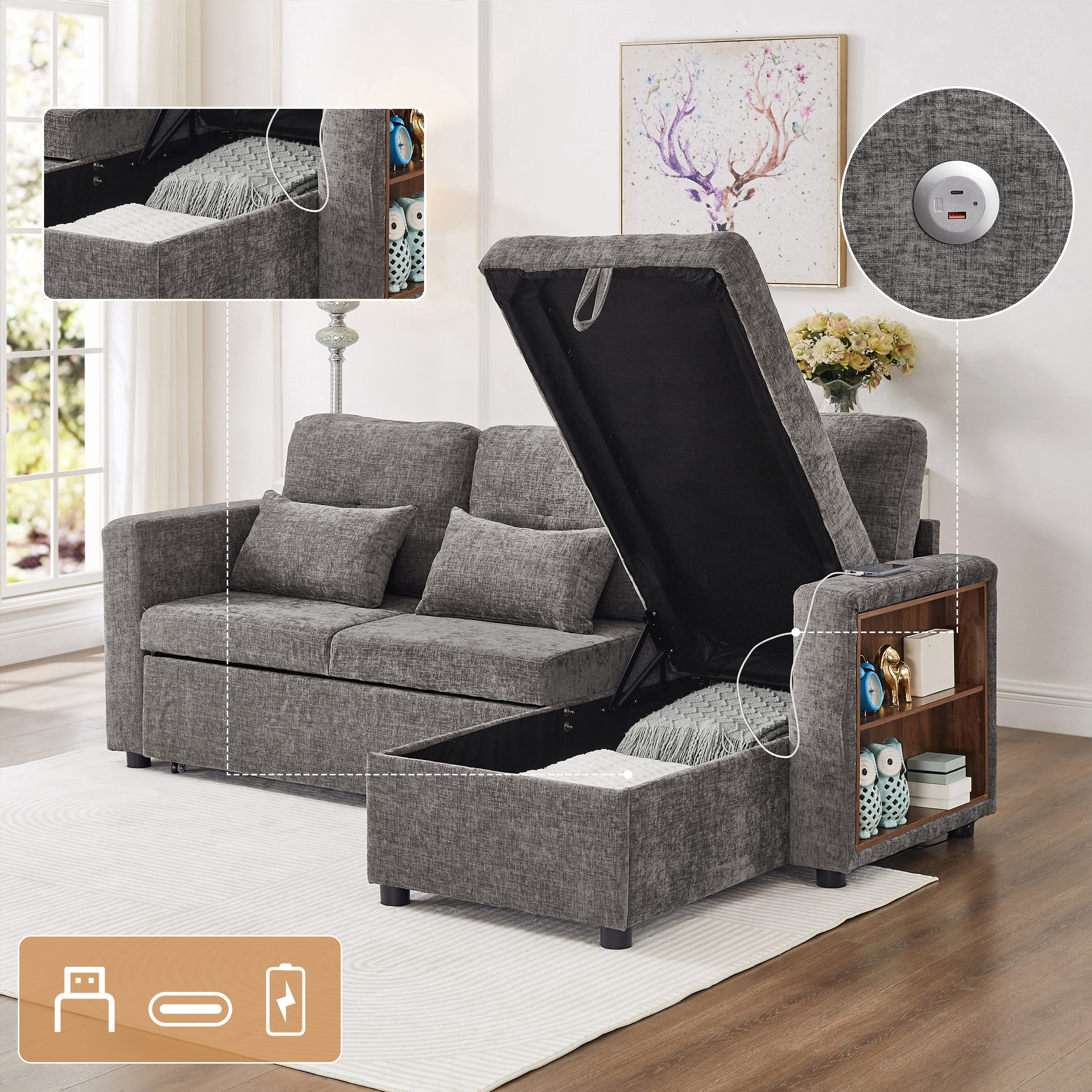 3-in-1 Convertible Chenille Sectional Sofa Bed with Convertible Storage Chaise, L-Shaped Sleeper Sofa with Integrated Charging Station and Adjustable Armrest Side Storage, USB & Type-C Ports, Grey
