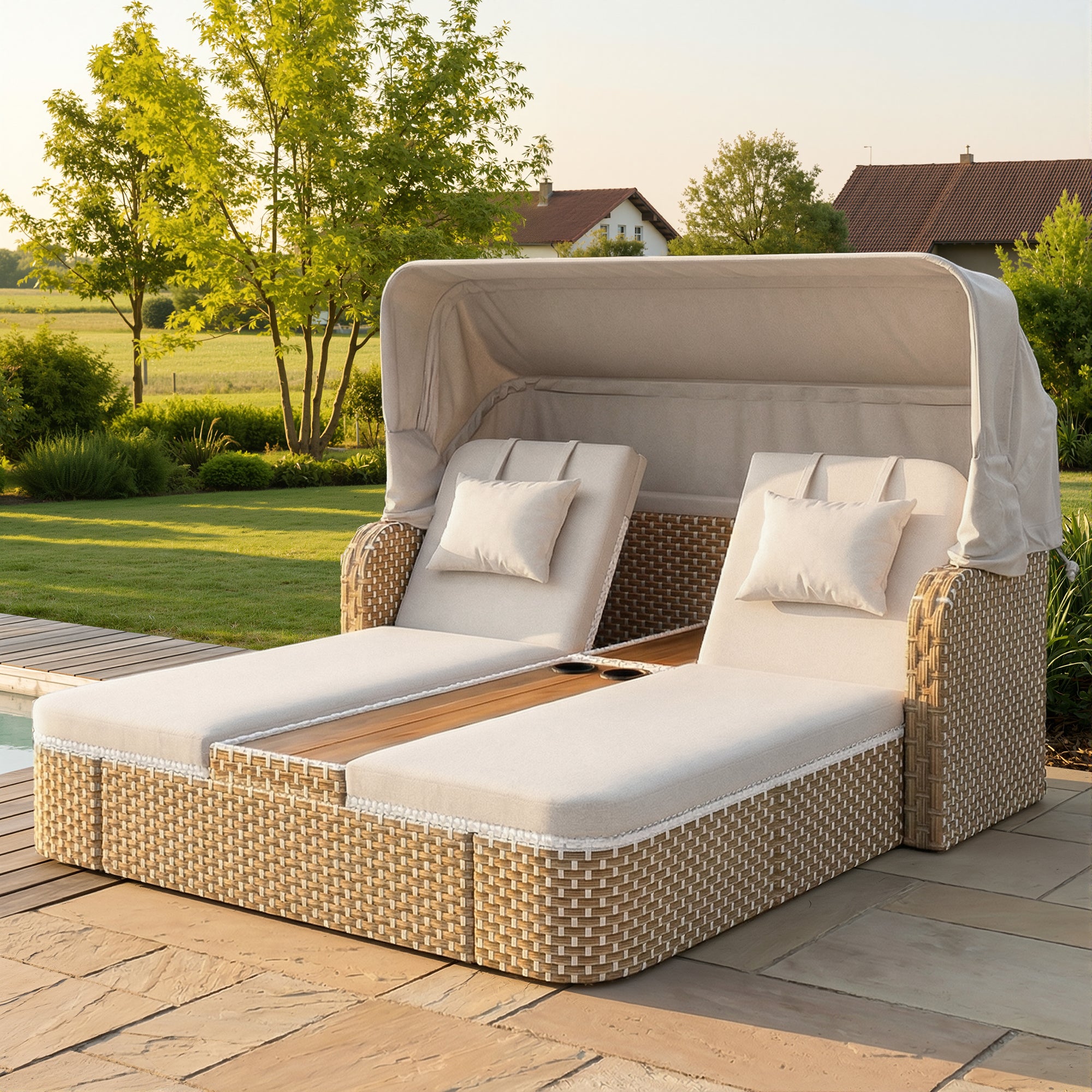 Outdoor Wicker Double Chaise Lounge with Adjustable Canopy, 5-Position Reclining Backrests, Built-in Cup Holders, for Patio & Poolside