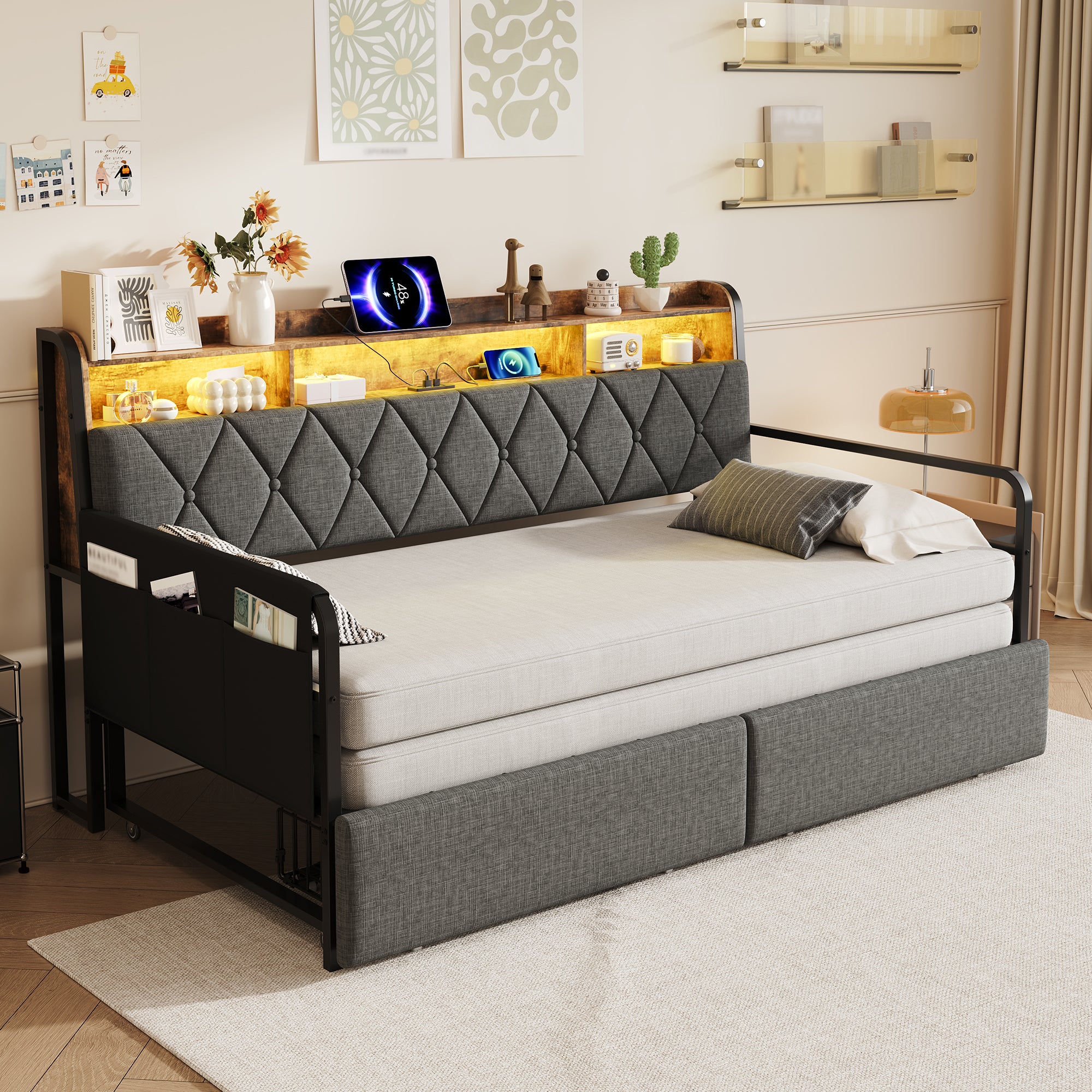 3ft Single Daybed with Pull-out Trundle and Storage Drawer, Walnut Wood Sofa Bed with LED Lighting and Charging Station, Concealed Headboard Storage, Reversible Side Pocket, Linen, Grey (No Mattress)