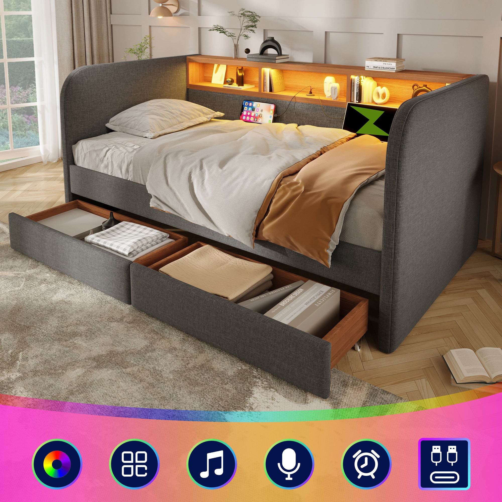 Upholstered Daybed with Headboard Storage, 90 x 190 cm Single Sofa Bed with LED and USB Type-C Reading Light, 3FT Daybed with 2 Drawers, Linen, Grey (Without Mattress)