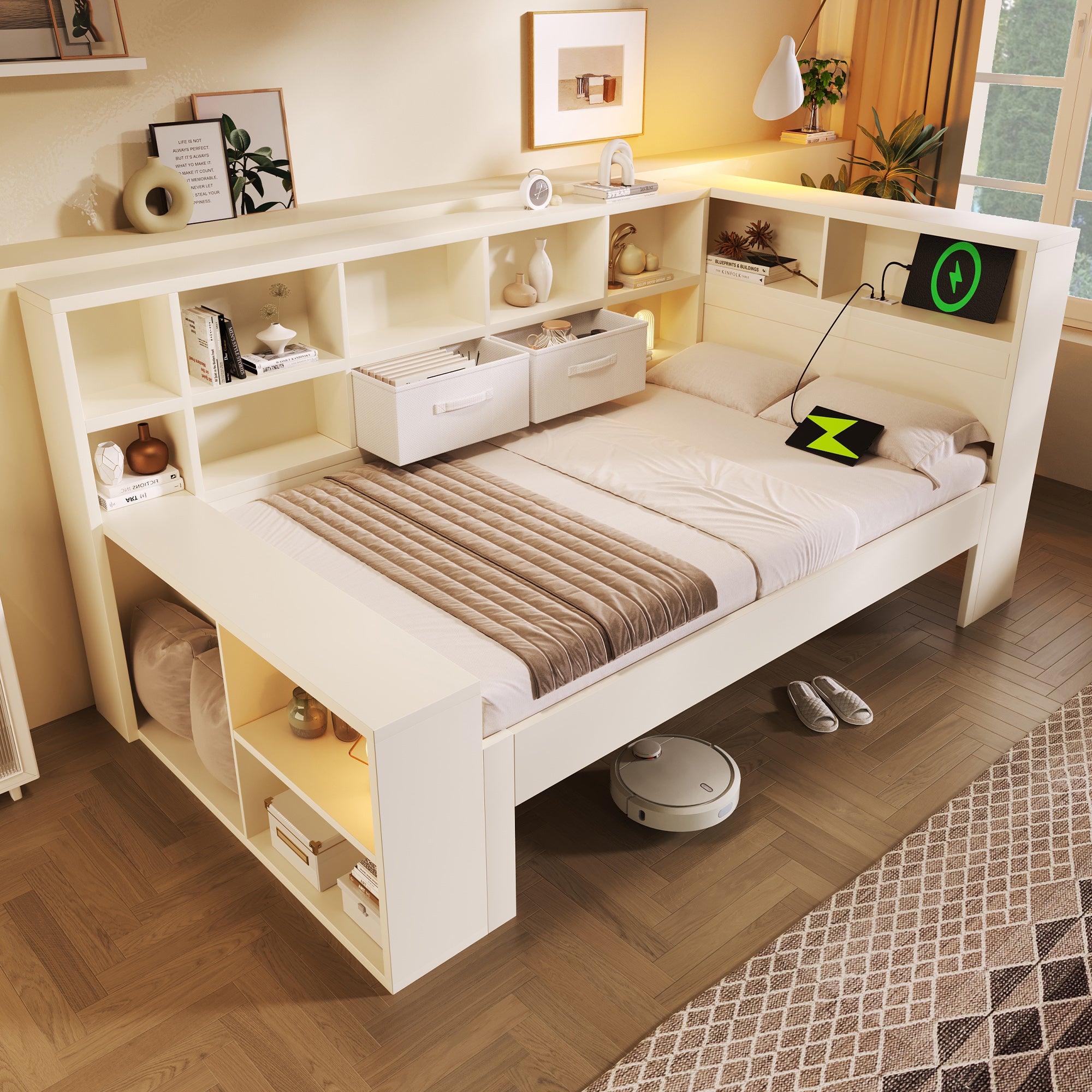 Single Daybed with Storage & USB Type-C Port, 3FT Platform Bed with Bookcase, 90 x 190 cm Multi-functional Wooden Bed Frame for Living Room/ Bedroom, White (No Mattress)