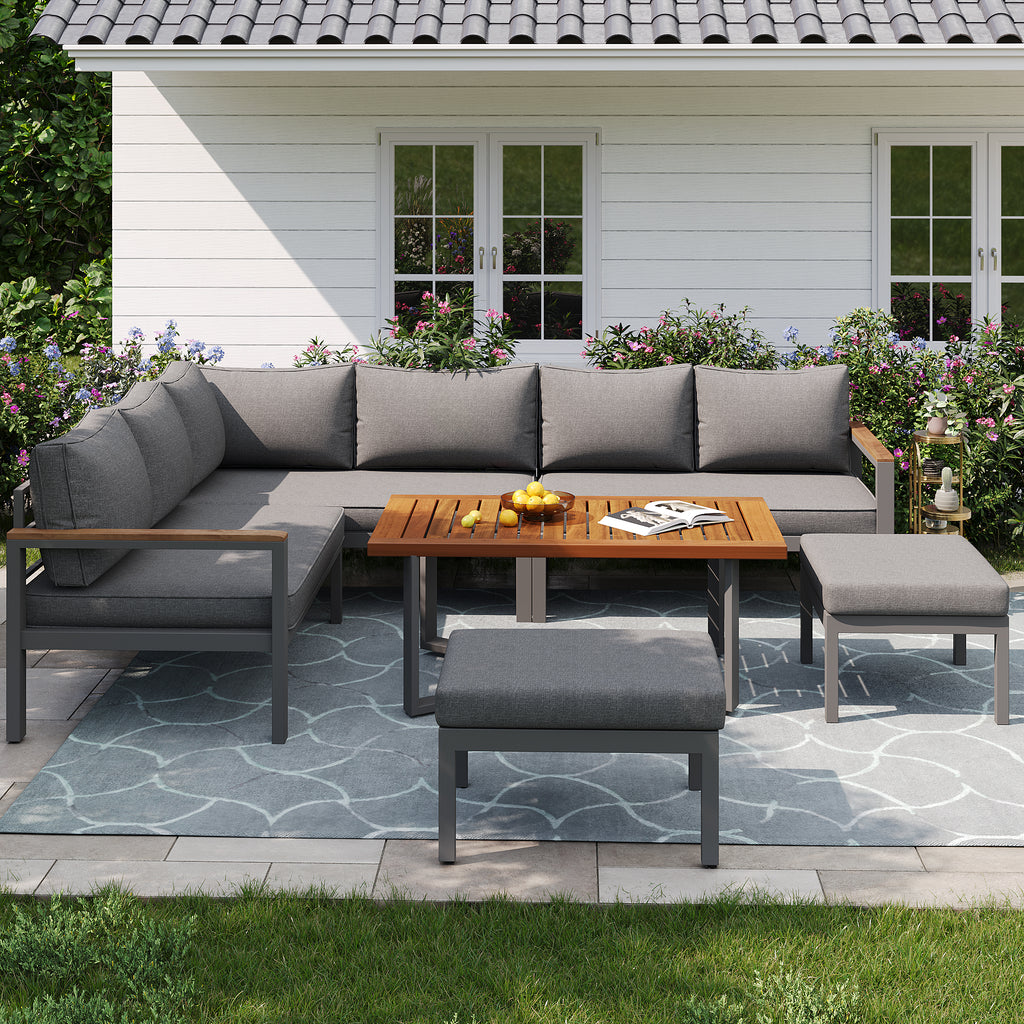 Outdoor Patio&Backyard Furniture Garden Lounge Set for 7-8 people, Thick Quality Space Saving L-Shaped Corner Sofa with Wooden Coffee Table and 2 Stool Table Box, Grey