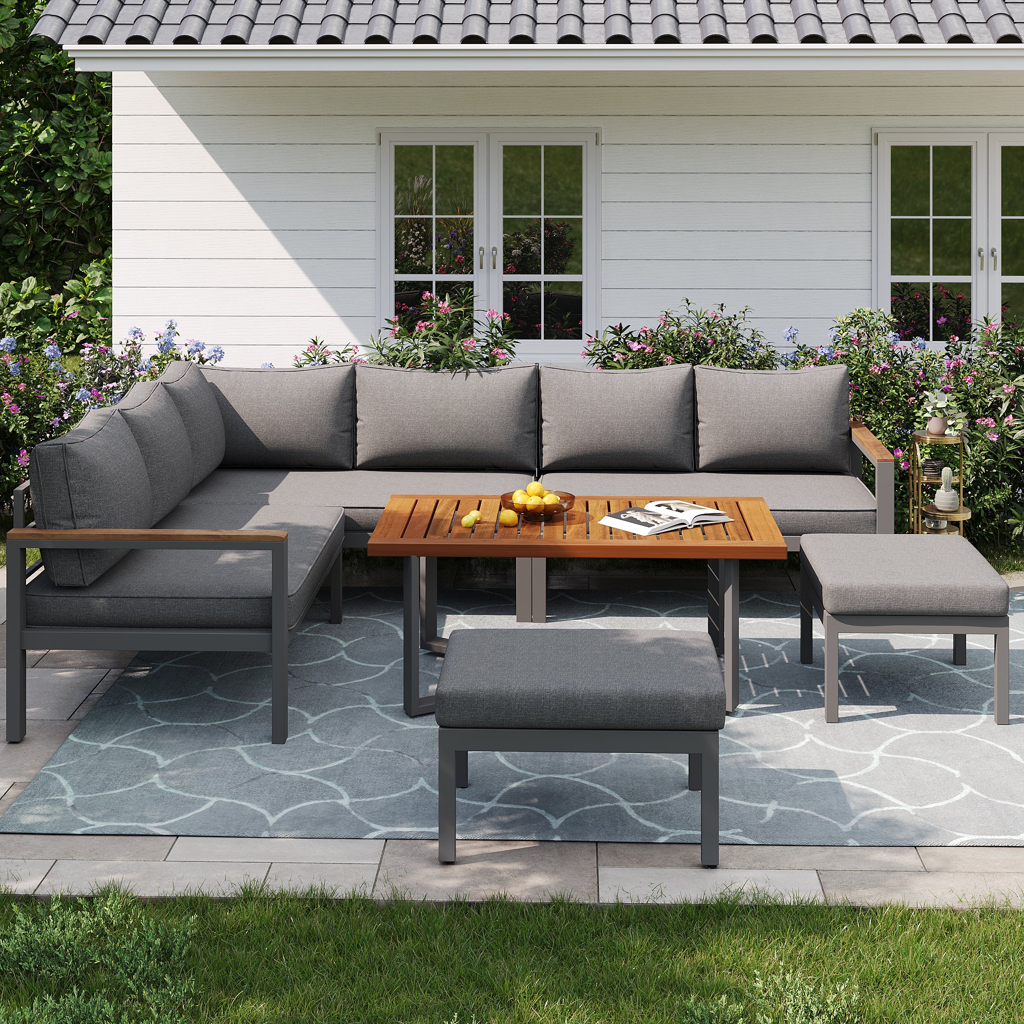 Outdoor Patio&Backyard Furniture Garden Lounge Set for 7-8 people, Thick Quality Space Saving L-Shaped Corner Sofa with Wooden Coffee Table and 2 Stool Table Box, Grey
