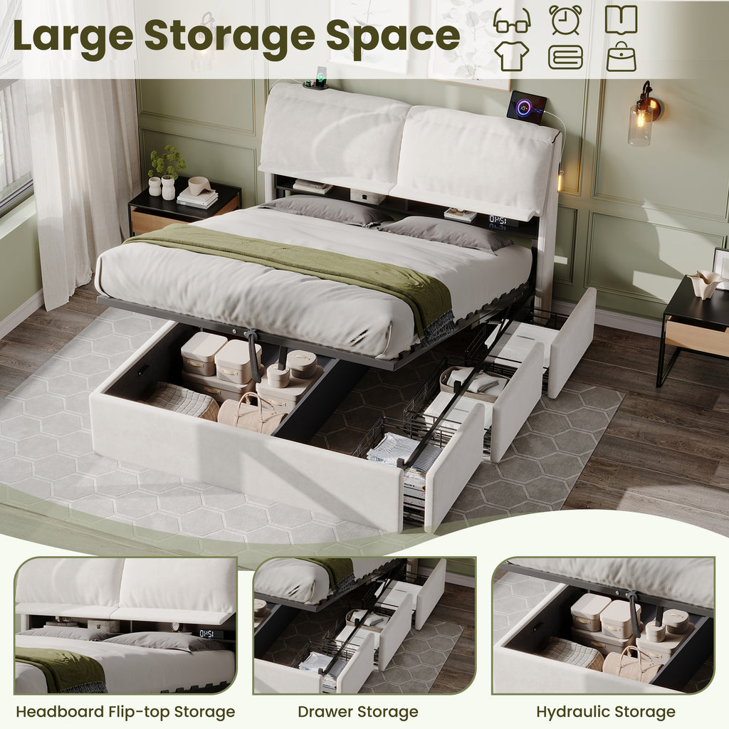 5ft King Bed with Hydraulic Storage, Velvet Upholstered Bed with Headboard Flip-top Storage and Drawers, Back Cushion Headboard with Charging Station and LED Night Light, Cream White (No Mattress)