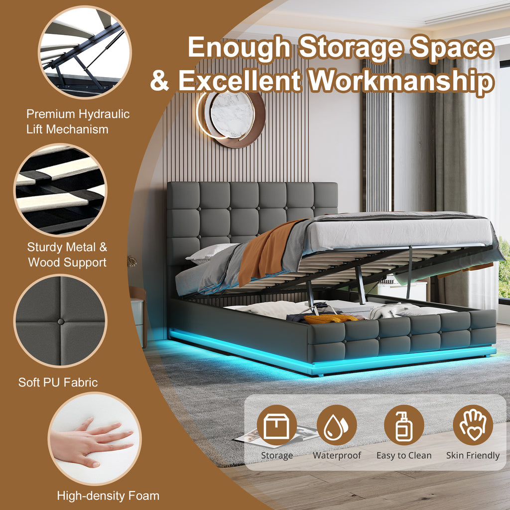 Ottoman Double Bed with LED Lighting, PU Leather Upholstered Bed with Hydraulic Storage, 4ft6 Double Bed Frame with Adjustable Button Tufted Headboard, No Box Spring Needed, Grey (No Mattress)