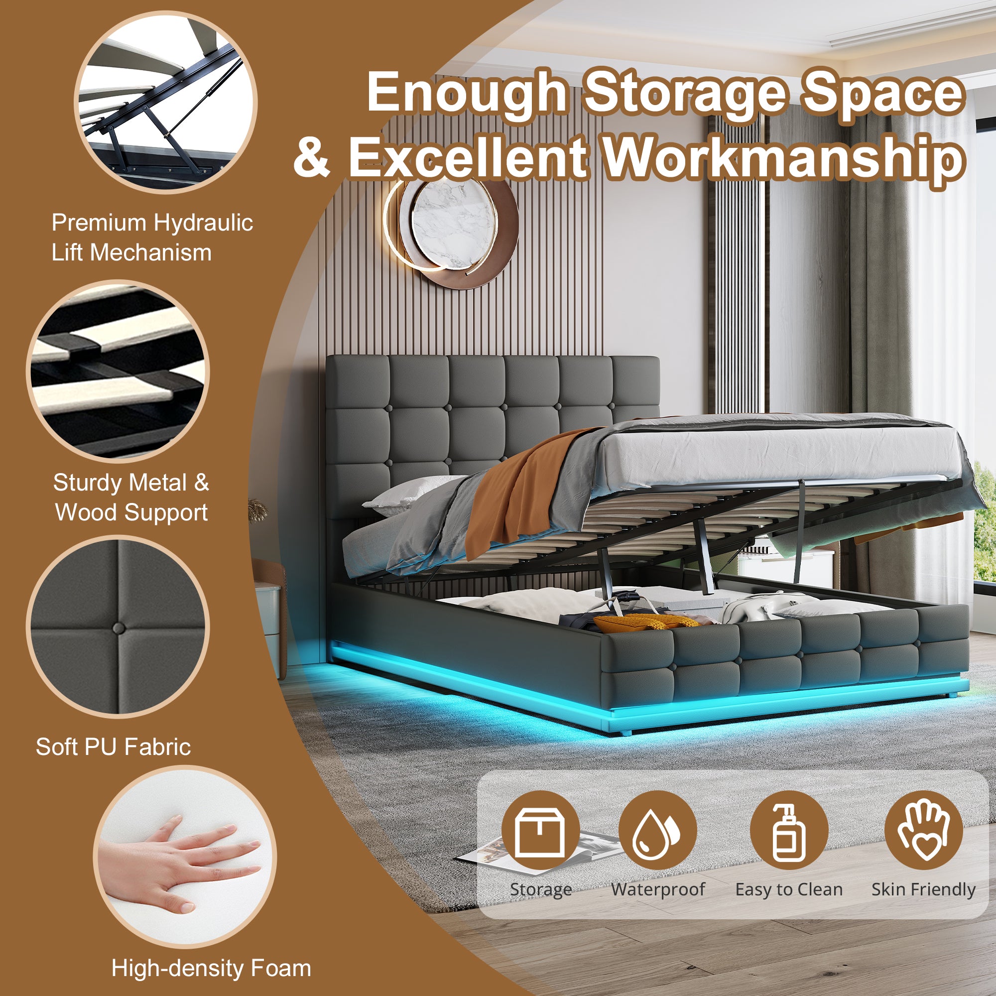 Ottoman Double Bed with LED Lighting, PU Leather Upholstered Bed with Hydraulic Storage, 4ft6 Double Bed Frame with Adjustable Button Tufted Headboard, No Box Spring Needed, Grey (No Mattress)