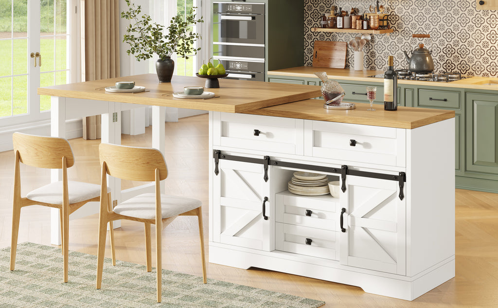 Extendable Sideboard & Dining Table Combo, Kitchen Storage Cabinet with Adjustable Shelves & Drawers, Multi-Functional & Space-Saving , White