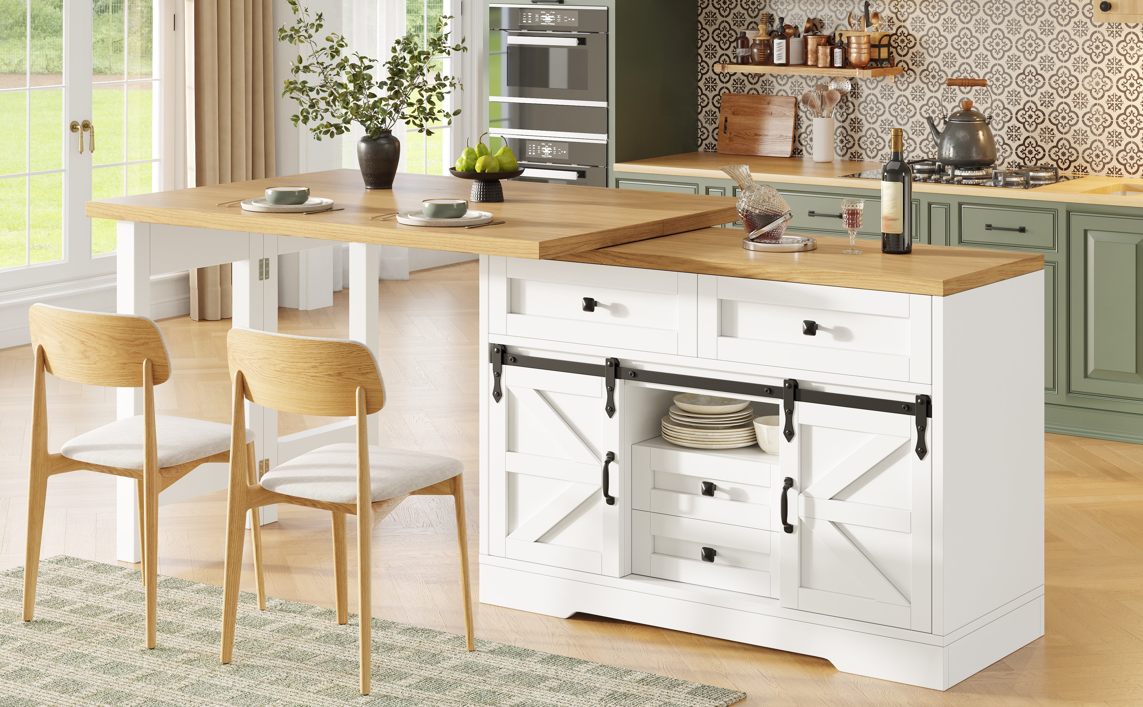 Extendable Sideboard & Dining Table Combo, Kitchen Storage Cabinet with Adjustable Shelves & Drawers, Multi-Functional & Space-Saving , White