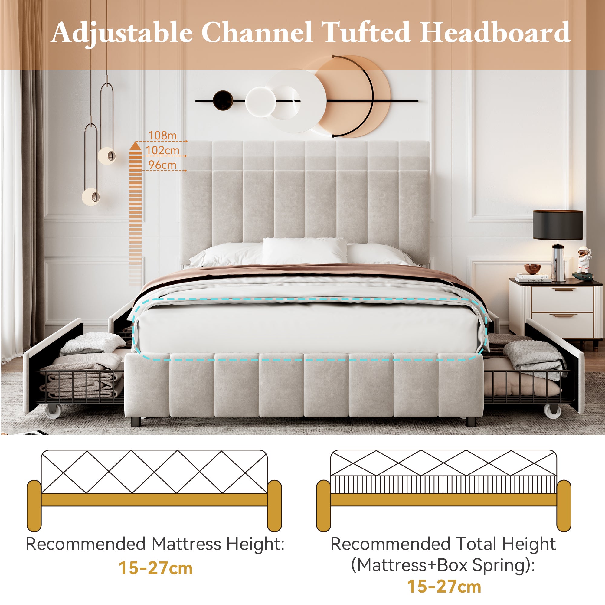 4ft6 Double Upholstered Bed with 4 Storage Drawers, Velvet Platform Bed Frame with Adjustable Channel Tufted Headboard, Metal-Wood Support, No Box Spring Needed, Easy Assembly, Beige (No Mattress)