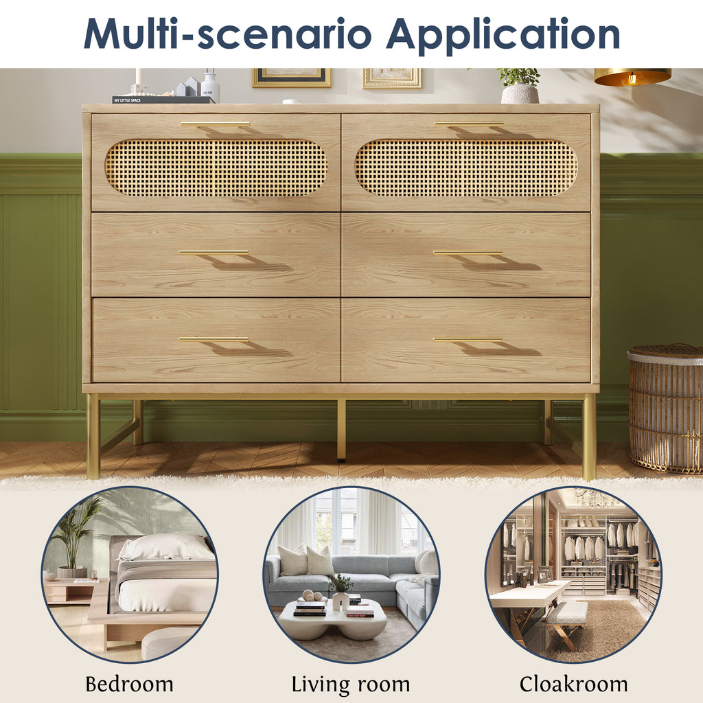 Rattan Sideboard Storage Cabinet with 6 Drawers,  Cupboard Sideboards for Living Room, Bedroom, and Hallway, Metal Handles, Anti-Tip, 120 x 40 x 74 cm, Oak