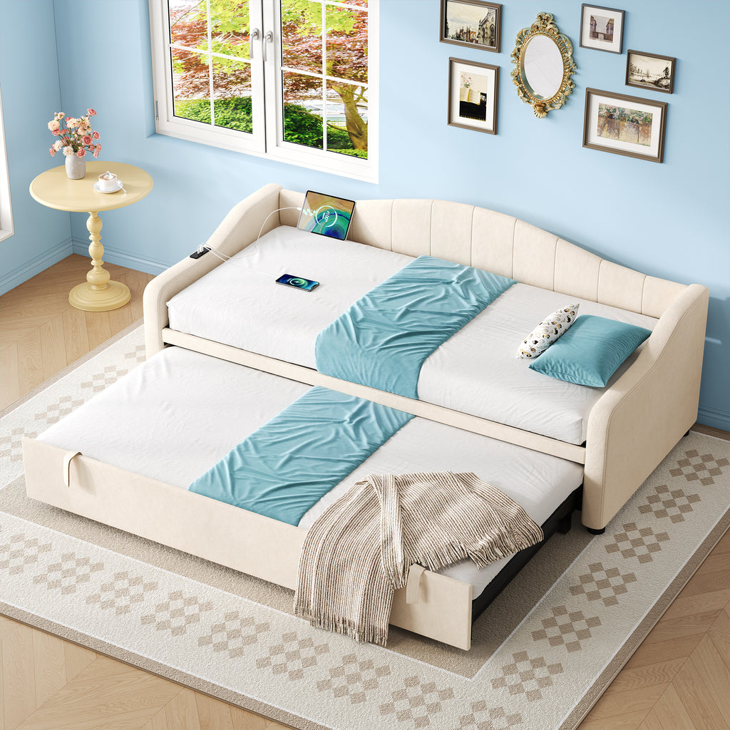Upholstered Bed 90x190cm, Daybed, Sofa Bed with Charging Station, 3ft Single Velvet Bed with USB and Type - C Ports, Pull out Trundle Bed for Living Room/ Bedroom/ Study Room, Beige (No Mattress)