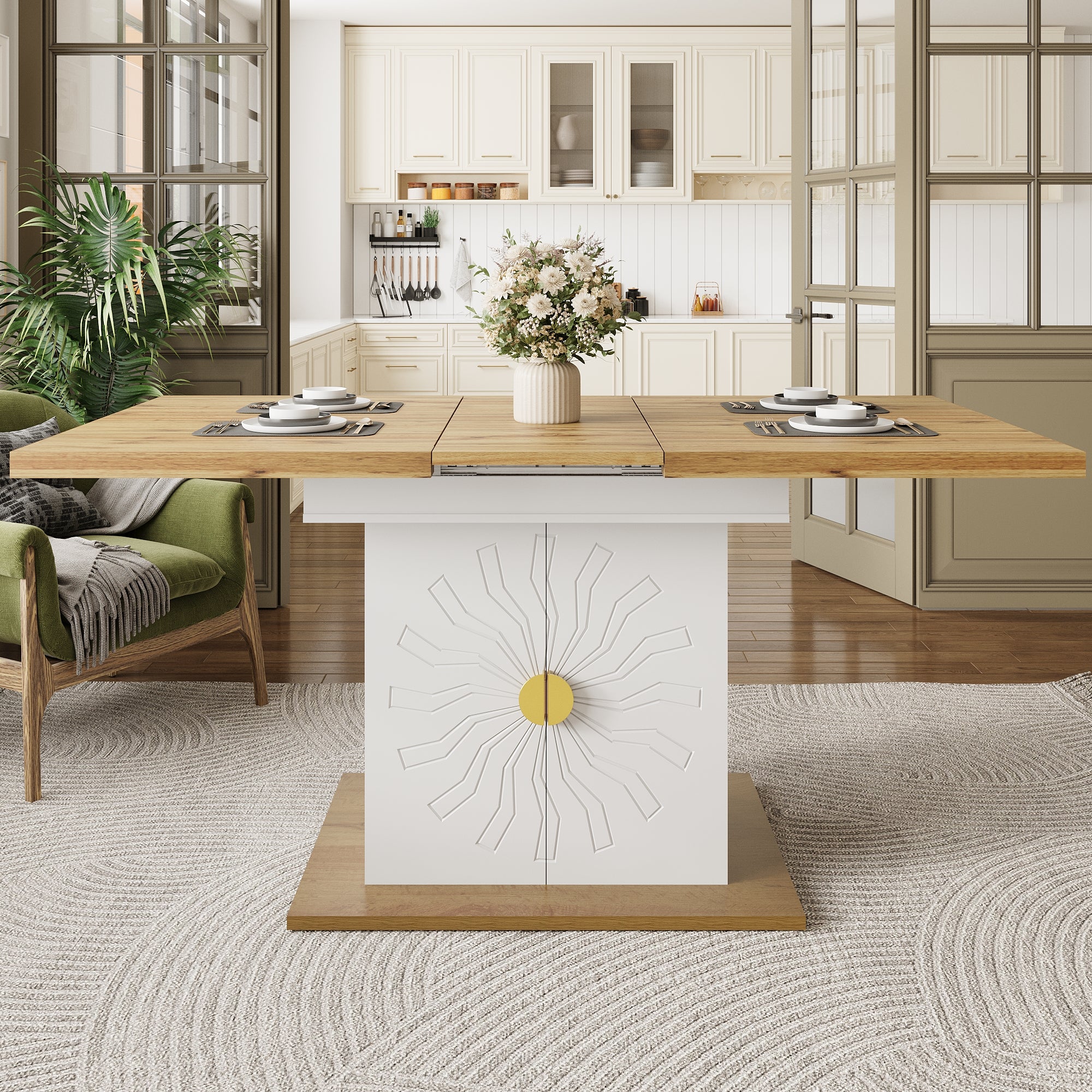 Dining Table, Table, Extension Table for Kitchen & Living Room, 110(140) x 70 x 76 cm, Wood Veneer with Sun-Relief, Generous Storage Space