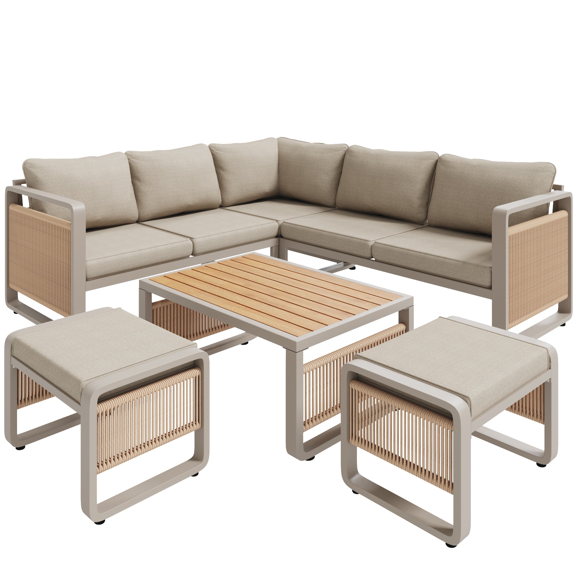 Garden lounge chair set, furniture set for 6-7 people, handwoven rope garden sofa, weatherproof corner set & iron lounger, including soft seat and back cushions, adjustable feet, beige