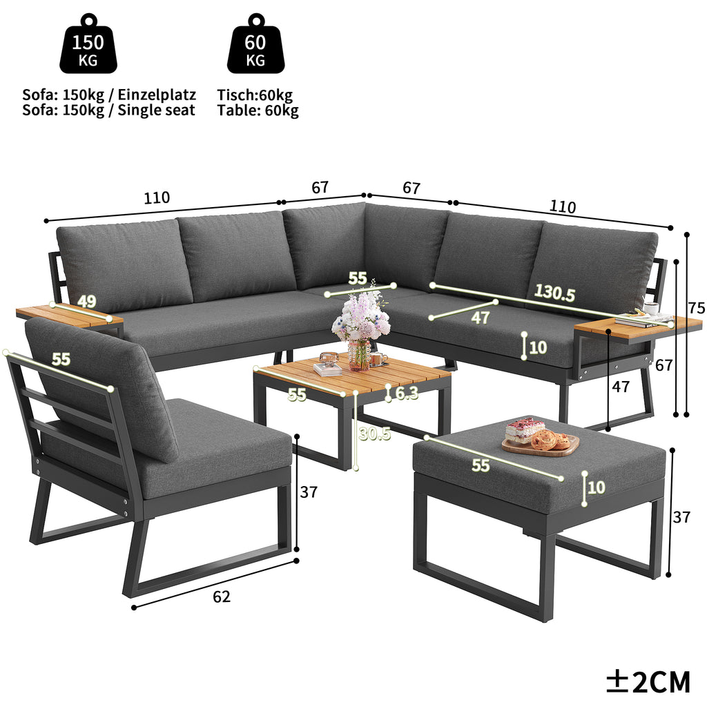 L-Shaped Garden Sofa Set with Wooden Armrests / Weather-Resistant Corner Suite & Daybed Made of Iron / Including Wooden Table, Armchair & Stool, 7-Person / With Cushions / Gray