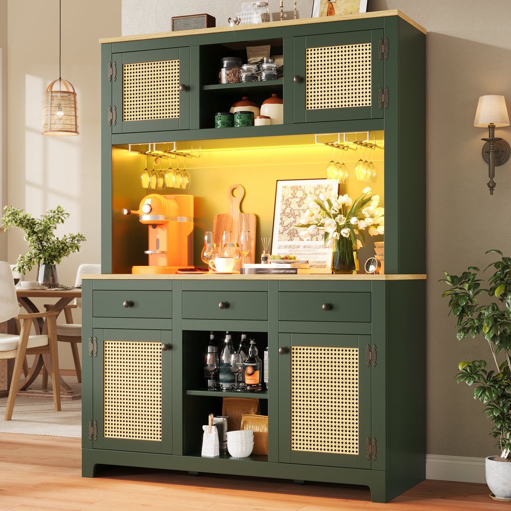 LED tall cabinet with lighting system, PE rattan cabinet with anti-tip device, large freestanding cabinet with adjustable shelves and drawers, vintage storage cabinet for kitchen, dining room