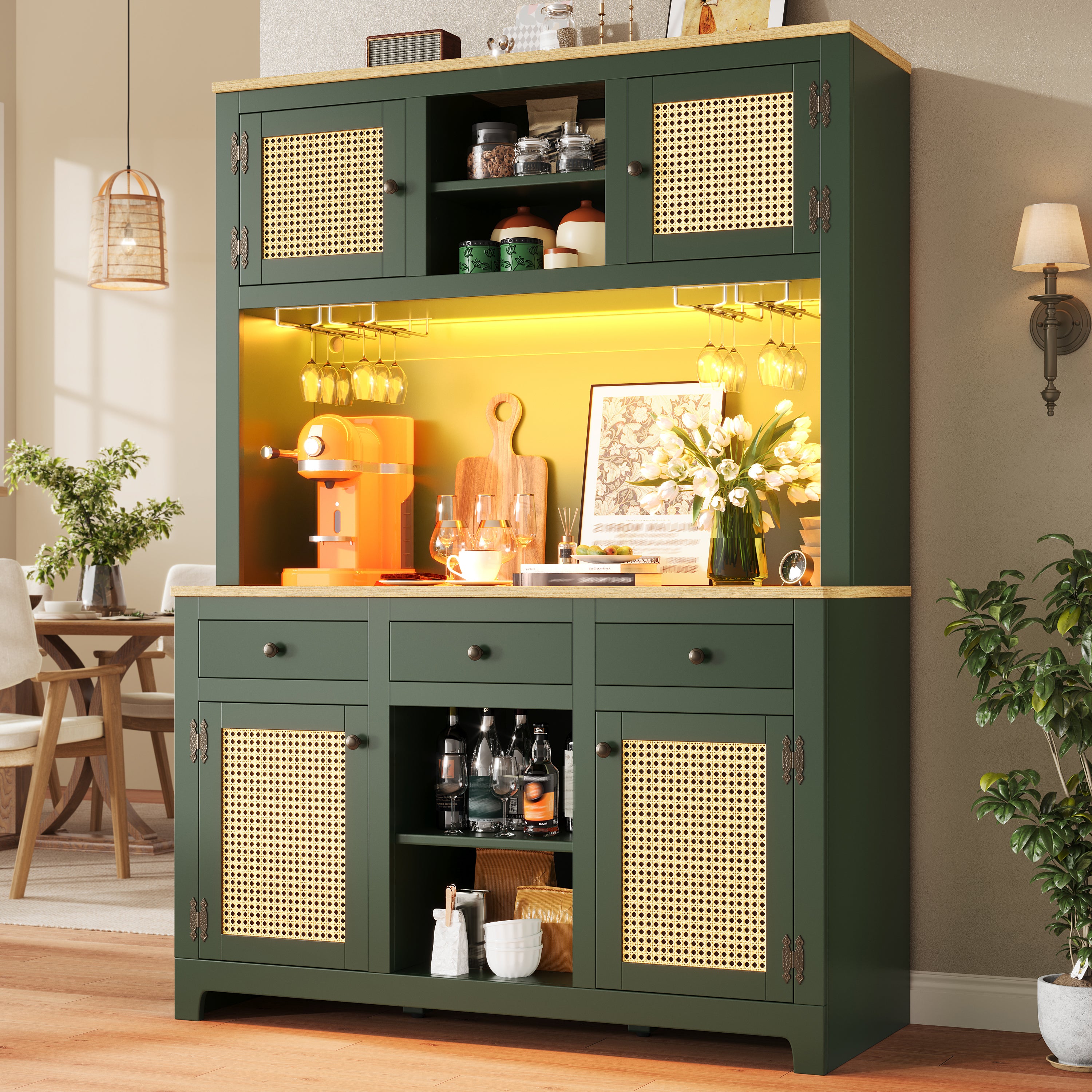 LED tall cabinet with lighting system, PE rattan cabinet with anti-tip device, large freestanding cabinet with adjustable shelves and drawers, vintage storage cabinet for kitchen, dining room